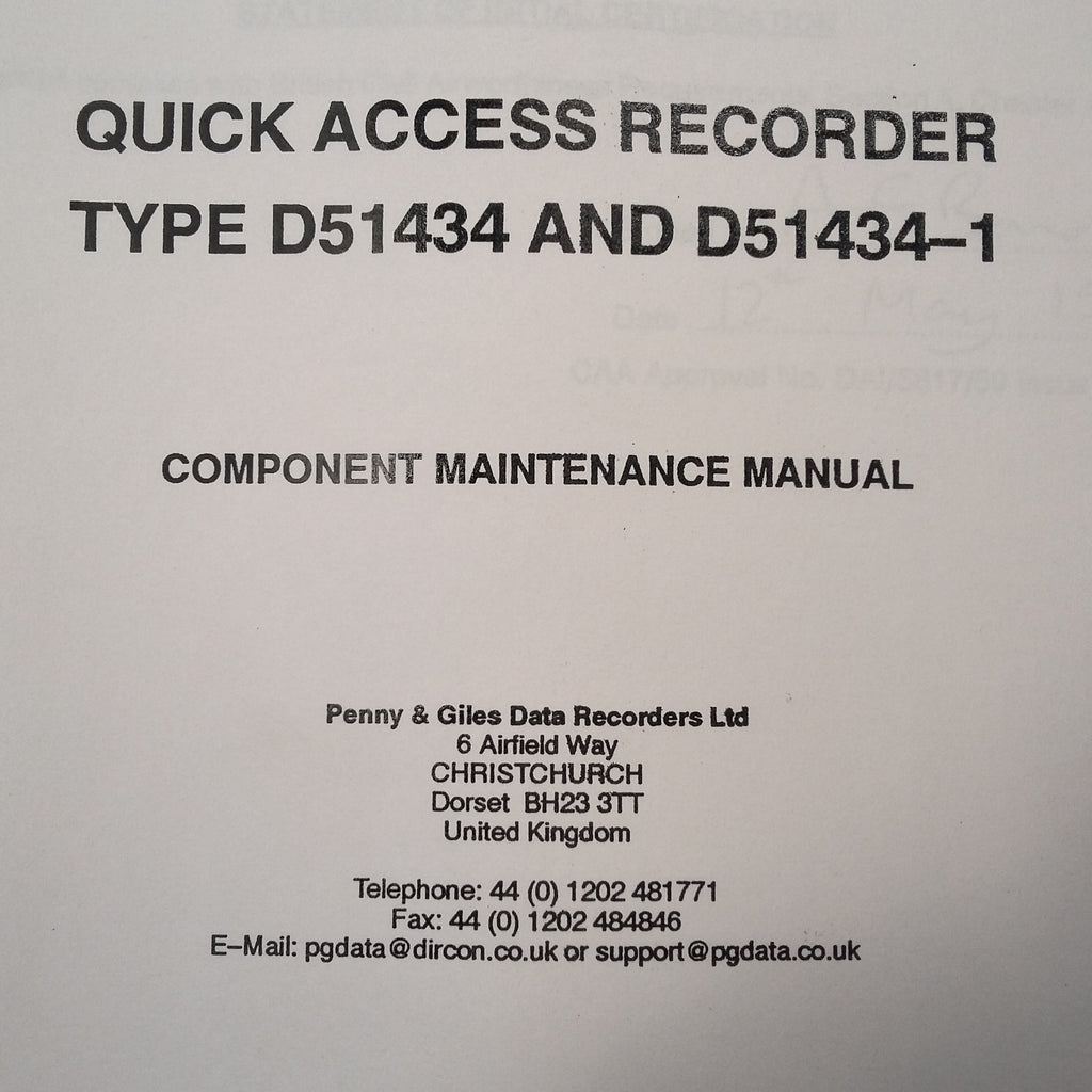 Penny & Giles Quick Access Recorder D51434 & D51434-1 Service & Parts Manual.