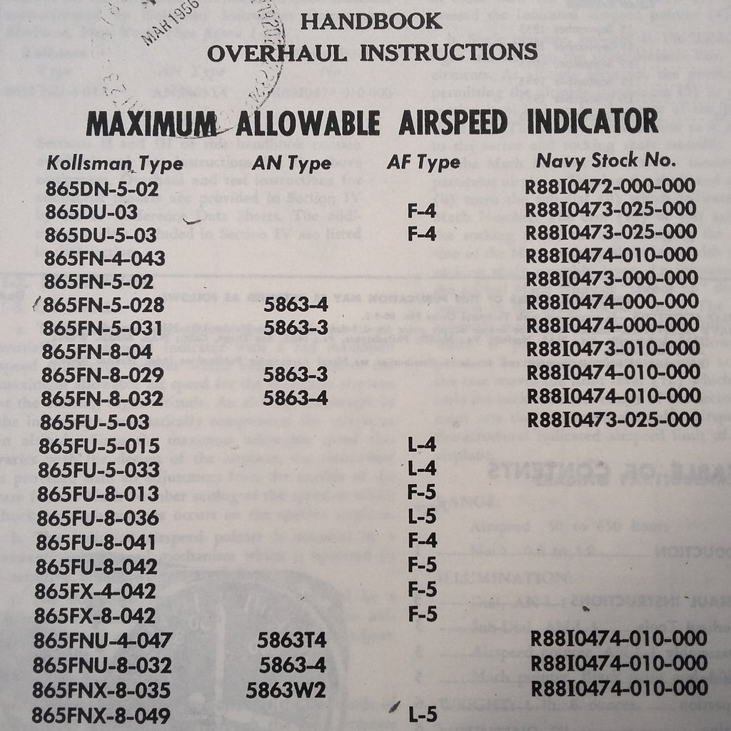 Maximum Allowable Airspeed Indicator Overhaul Manual. F-4, L-4. L-5, F-5, 865 Series, AN5863, R88 Series.