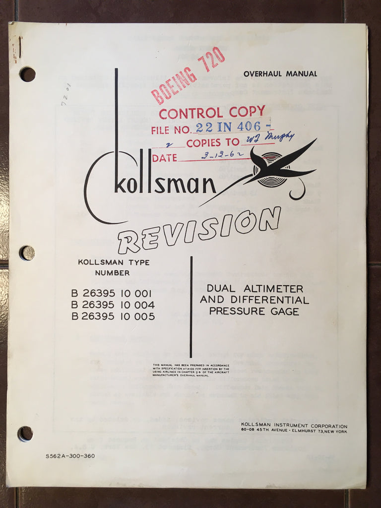 Kollsman B-26395-10-001/004/005 Dual Altimeter & Differential Pressure Gage Overhaul Instructions.
