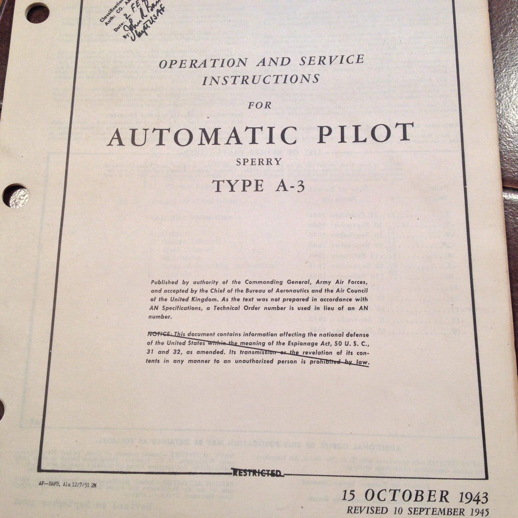 1943 Sperry A-3 Autopilot Operation Instruction Manual.