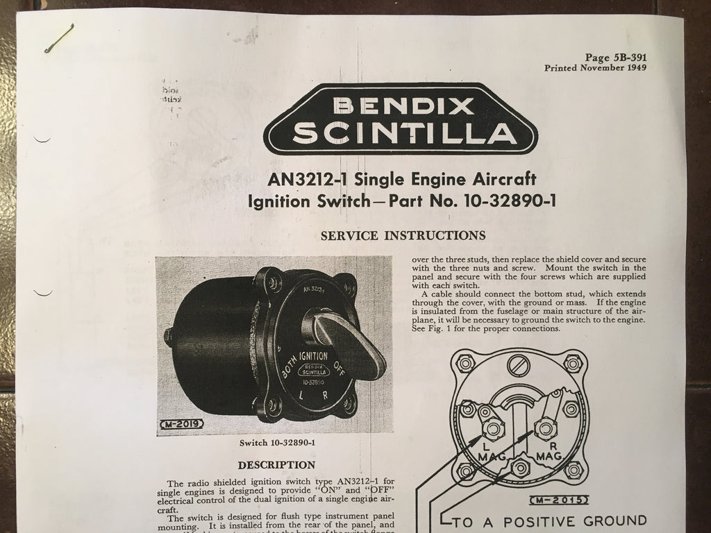 Bendix Scintilla AN3212-1 Ignition Switch Service Instructions & Parts List data sheet. 10-32890-1