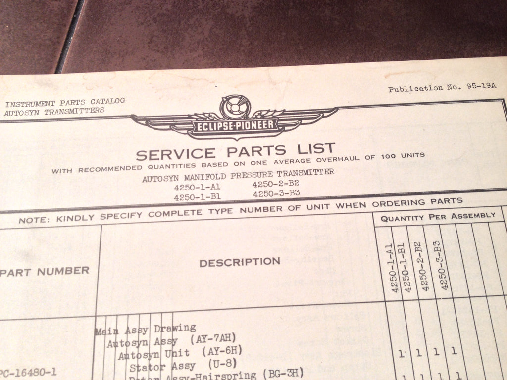 1950s Eclipse-Pioneer Autosyn Manifold Pressure Transmitter Parts Manual.