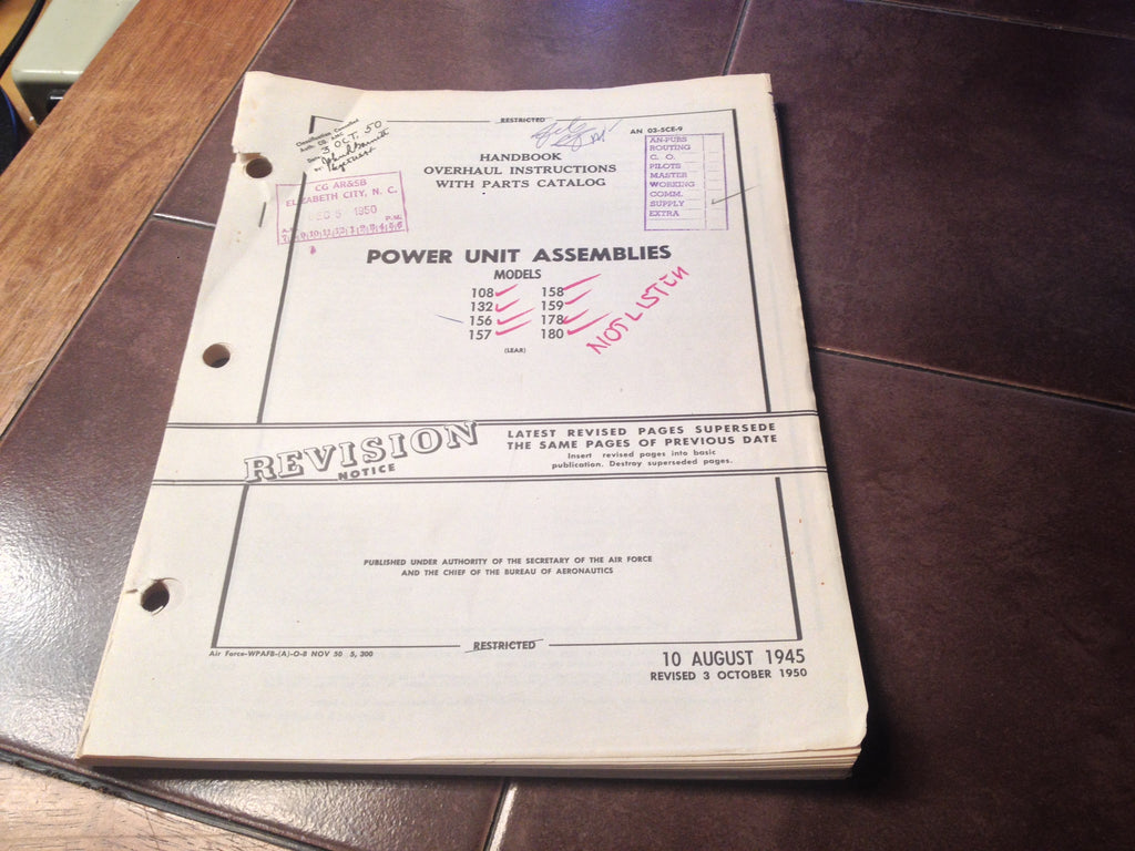 1945-1950 Lear Power Unit Assemblies 108 132 136 157 158 159 178 & 180 Overhaul Parts Manual.