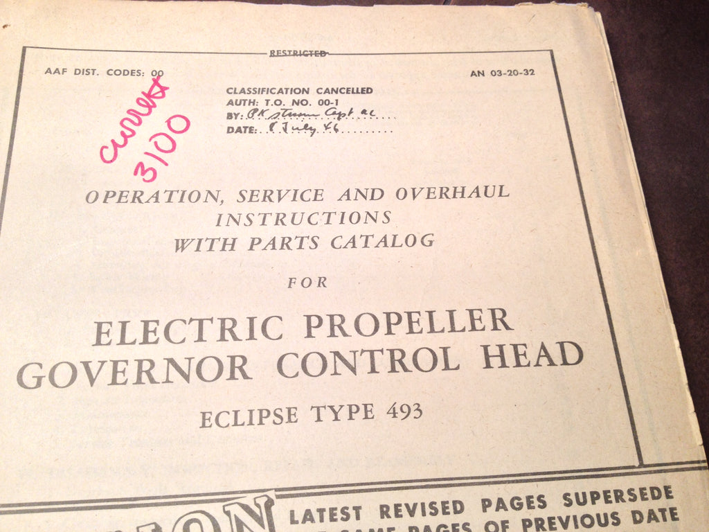 1945 Eclipse 493 Electric Propeller Governor Control Head Service, Overhaul & Parts Manual.