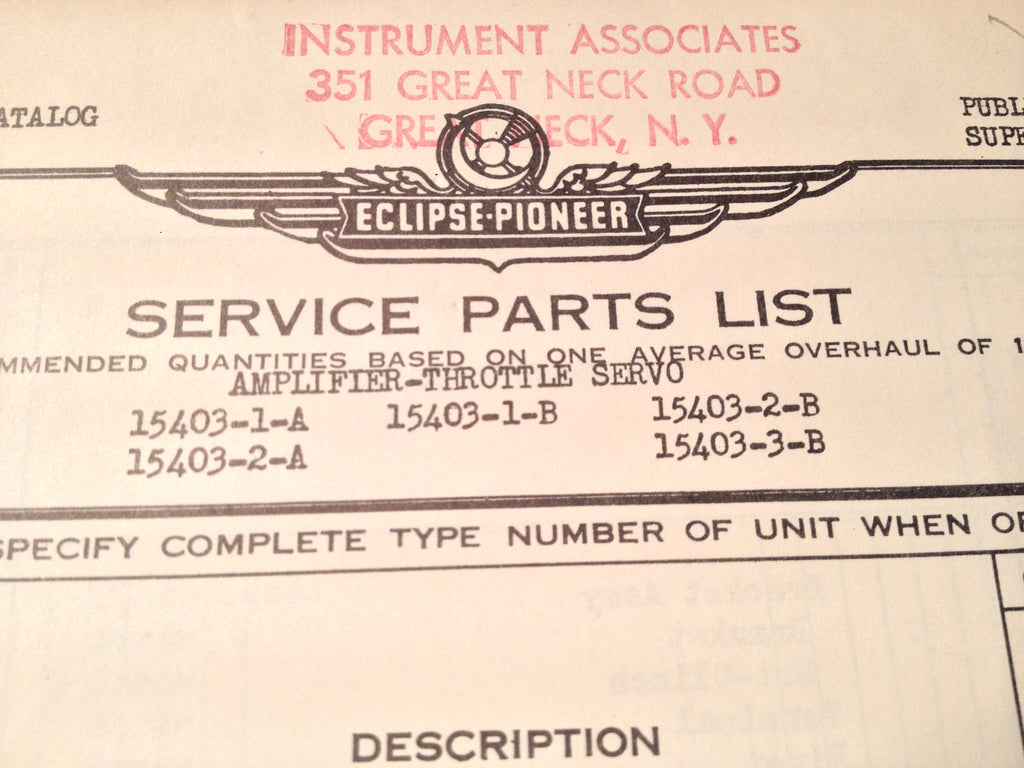 1950s Eclipse-Pioneer Amplifer-Throttle Servo 15403 Series Parts Manual.
