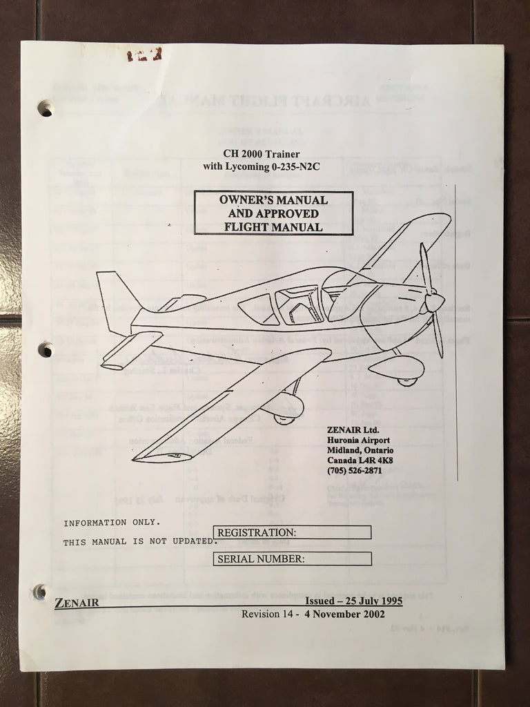 Zenair CH 2000 Trainer w Lycoming O-235-N2C Owner's Manual & Flight Manual.