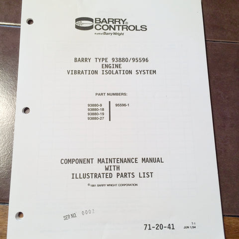 Barry 93880 & 95596 Engine Vibration Isolation System Service & Parts Manual.  Circa 1994.