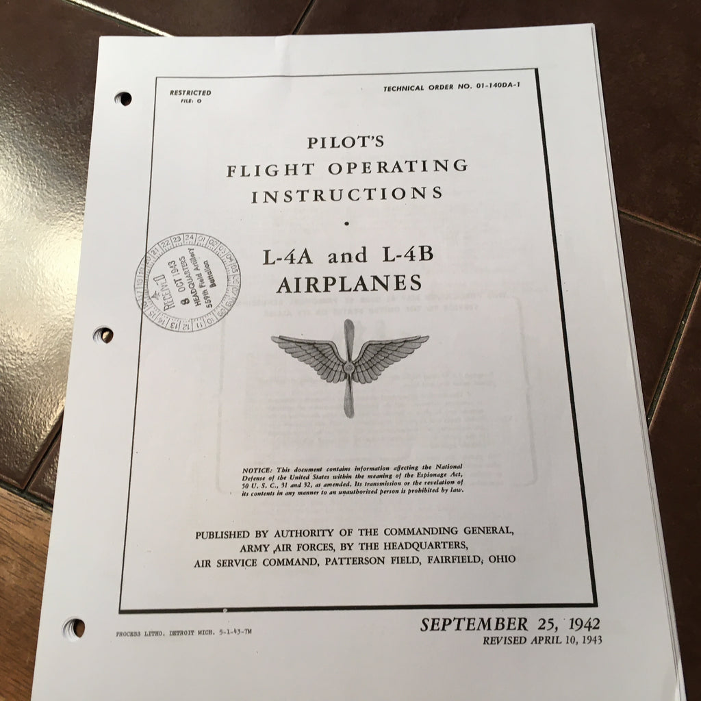 1942 Piper Cub L-4A & L-4B Flight Operating Instructions