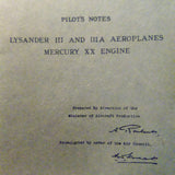 Lysander III and IIIA Aeroplanes with Mercury XX Engine, Pilots Notes POH type Booklet. Circa 1941.