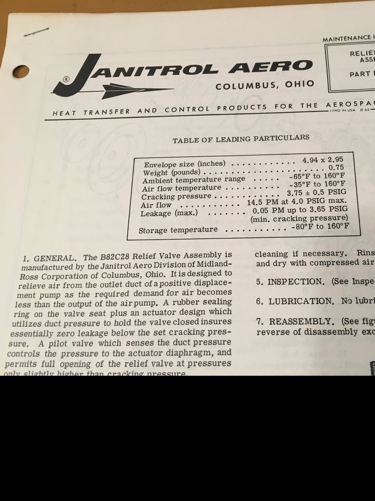 Janitrol B82C28 Relief Valve Service Instructions.