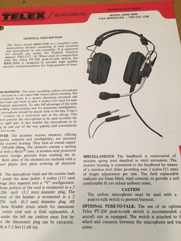 Telex MRB-1800 Headset Tech Data Sheet.