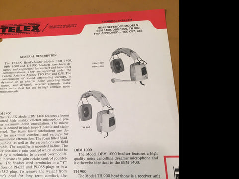 Telex EBM-1400, DBM-1000 & TH-900 Headset Tech Data Sheet.