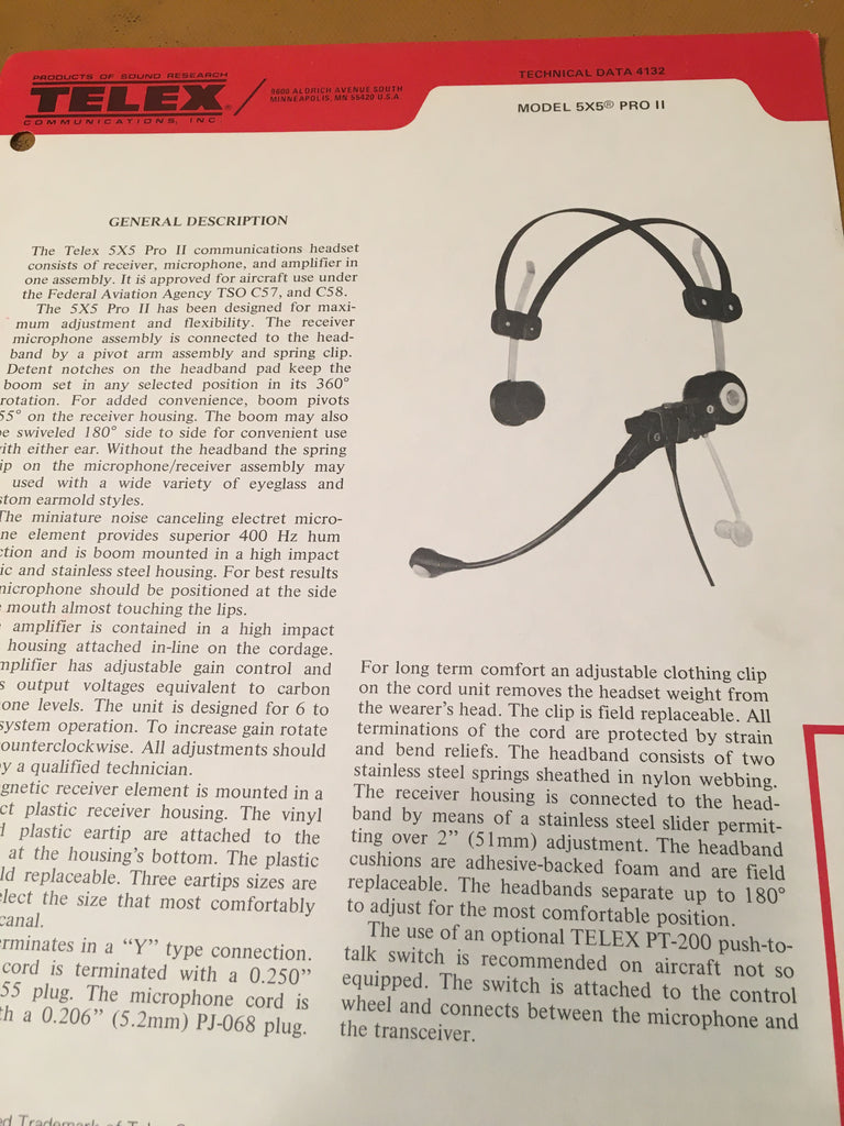 Telex 5X5 Pro II Headset TechData Sheet.