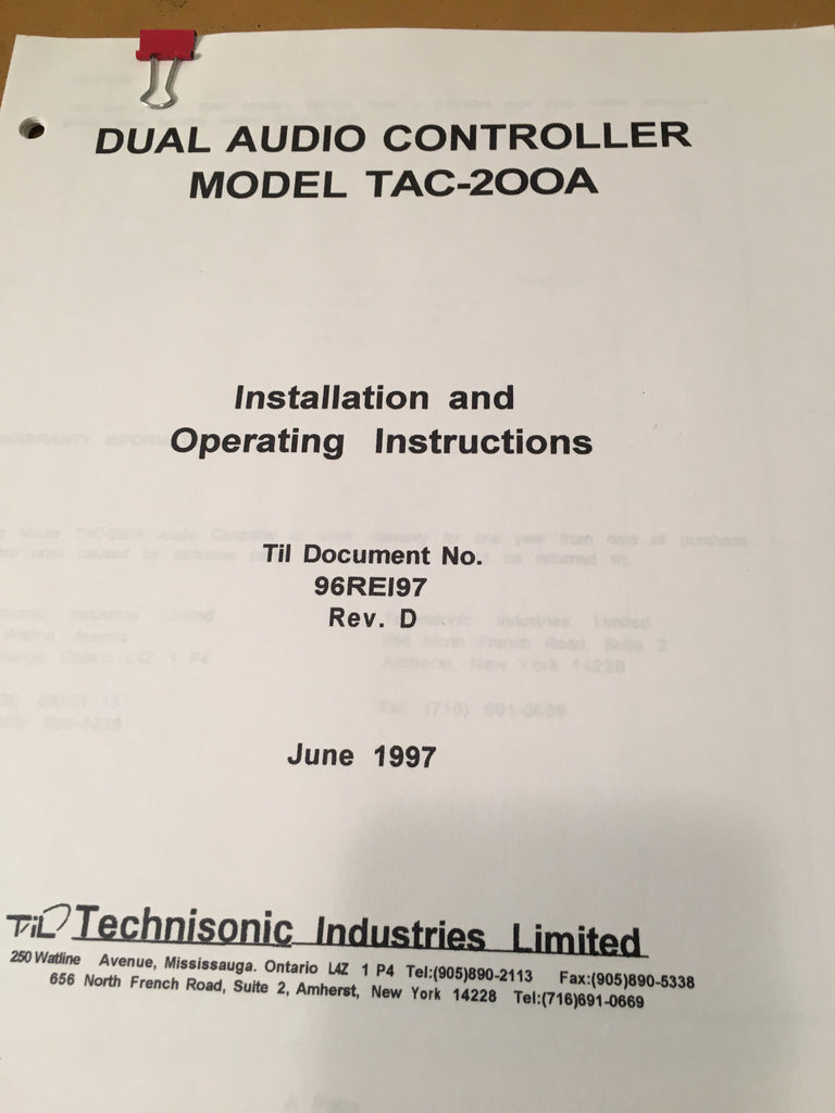 Technisonic Dual Audio Control Model TAC-200A Install & Operator's Manual.