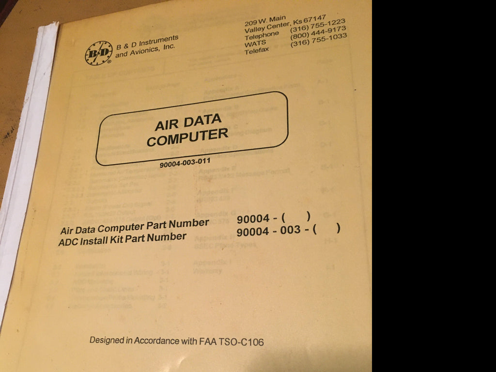 B & D Air Data Computer 90004-003-011 Install Manual