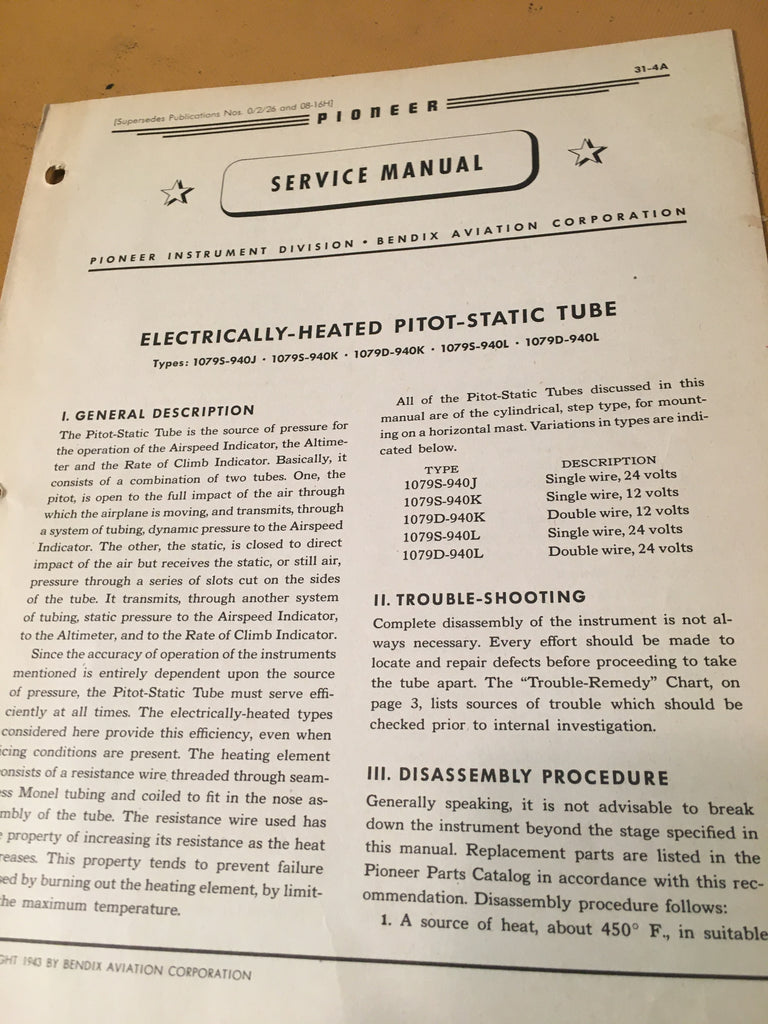 Pioneer Electric Pitot-Static Tube Service Manual.