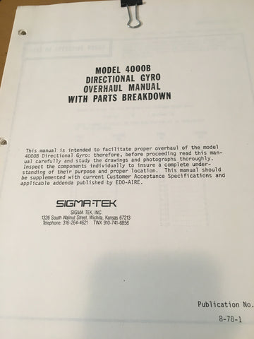 Cessna Sigma-Tek 4000B Directional Gyro Overhaul Parts Manual.