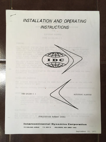 IDC Altitude Alerter 540-25100 Series Install & Operating Instructions.