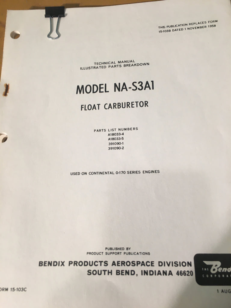 Bendix NA-S3A1 Carburetor Parts Manual  as used on Continental Engines.