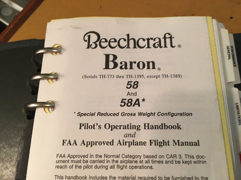 Raytheon Beechcraft Flight Manual for Baron 58 & 58A Manual Handbook.