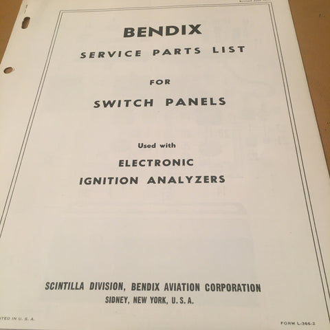 Bendix Scintilla Switch Panels for Electronic Ignition Analyzers Parts Booklet.