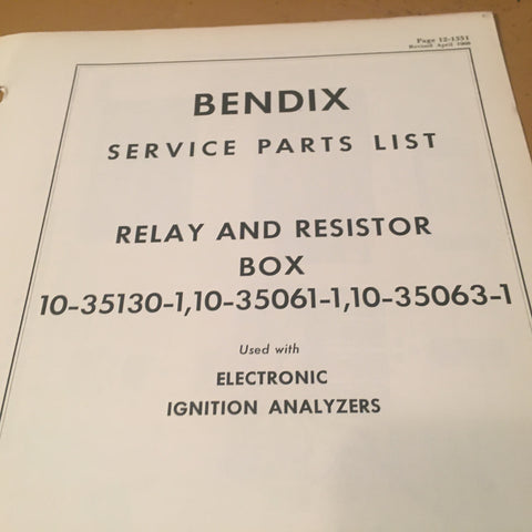 Bendix Scintilla Relay and Resistor Parts Lists used with Elect Ign Analyzers.