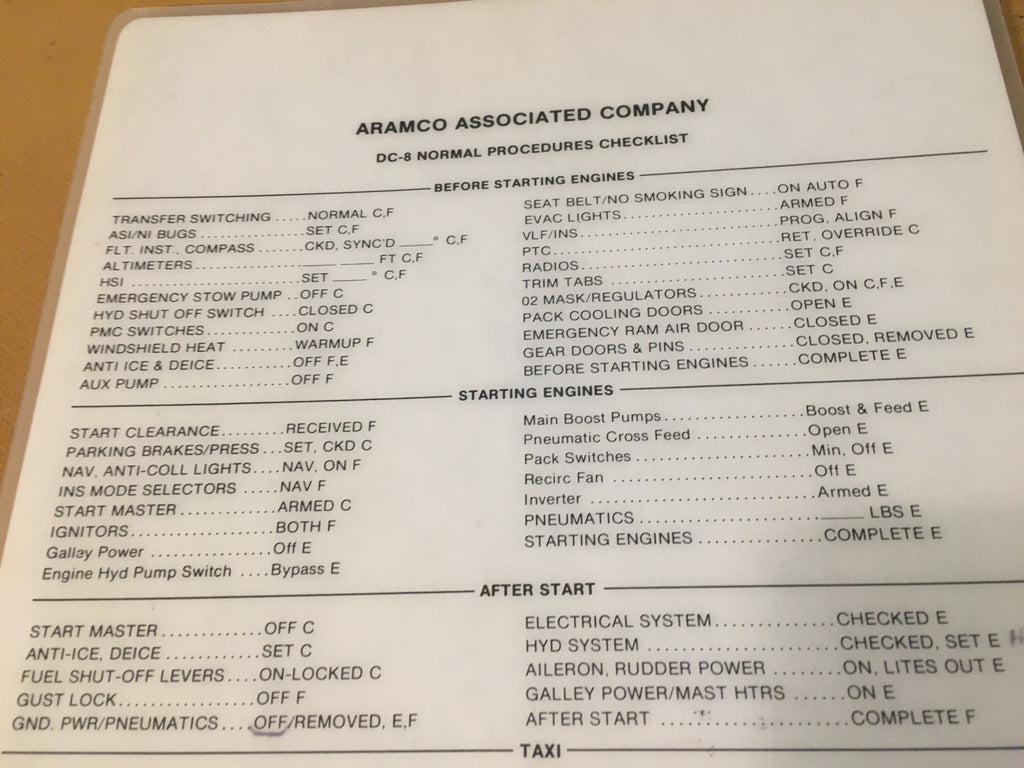 DC-8 Normal Procedures Pilot's Laminated Checklist.