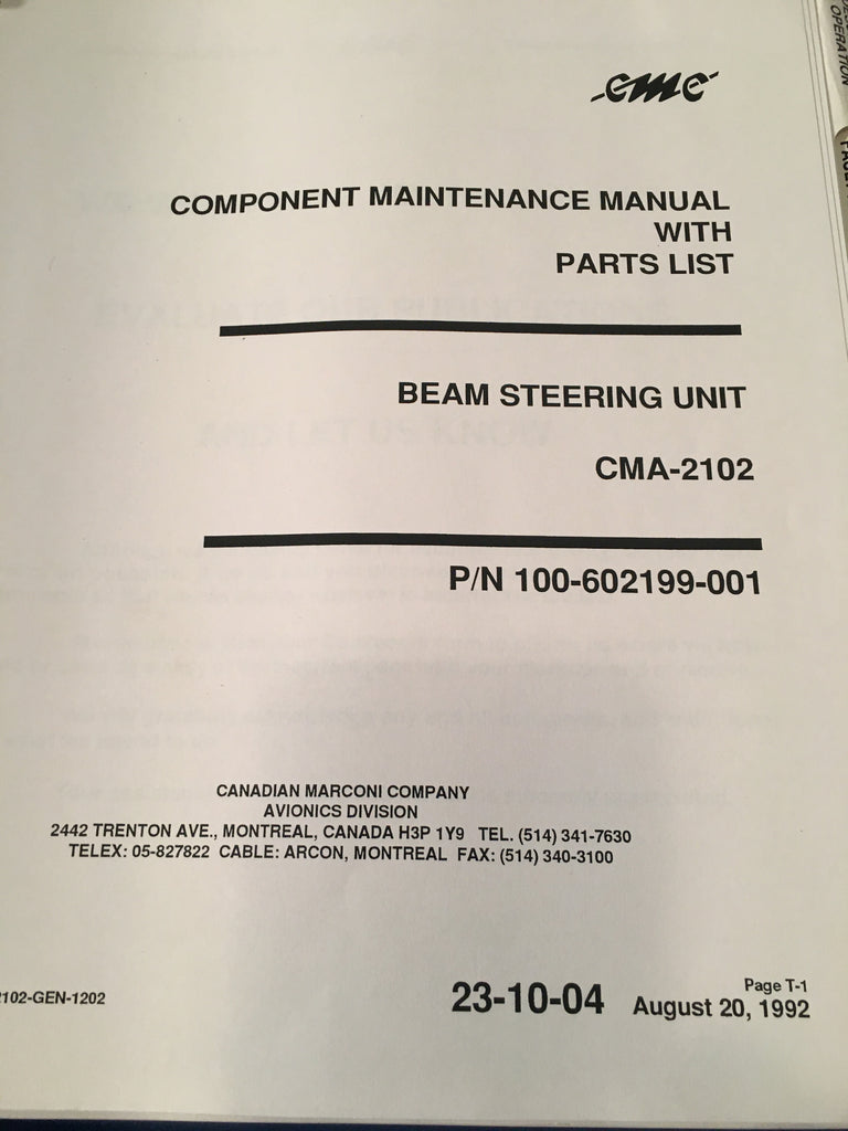 Marconi Canada CMA-2102 Component Maintenance Manual.