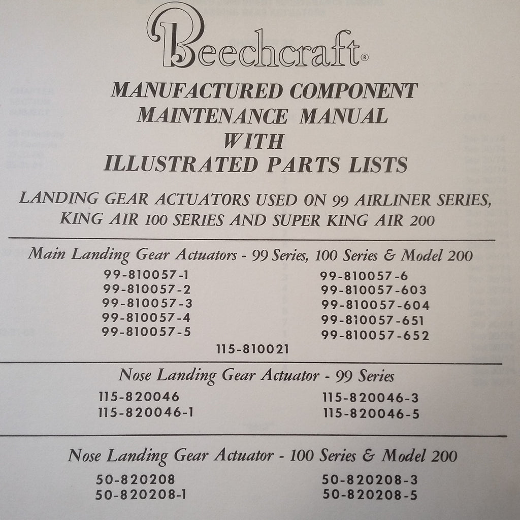 Beechcraft Landing Gear Actuator 99-810057, 115-820046, 50-820208 Service Manual.