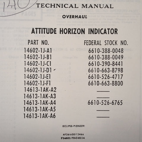 Eclipse Pioneer Attitude Horizon Gyro 14602, 14613 & 6610 Series Overhaul Manual.