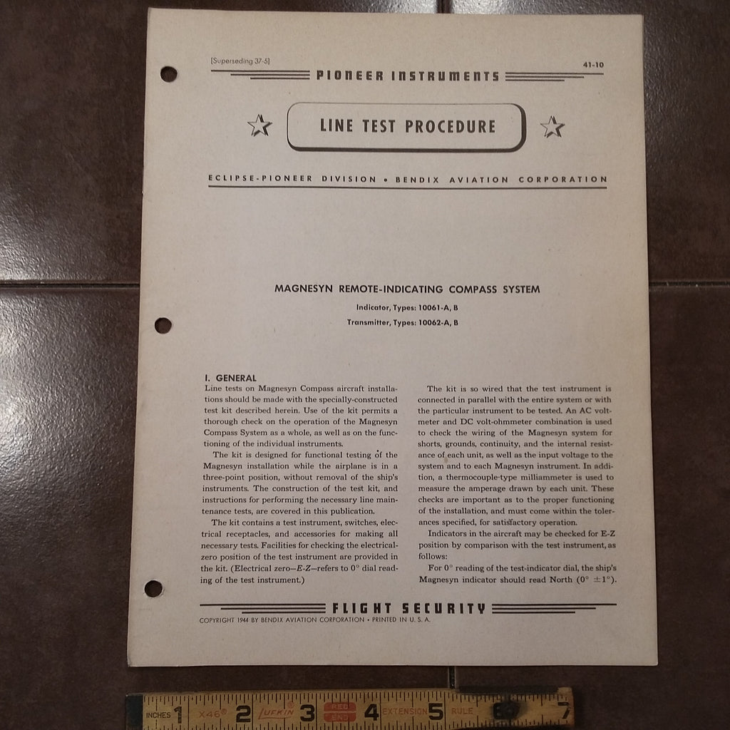 Bendix Pioneer Magnesyn Compass System 10061, 10062 Line Test Procedure Manual.