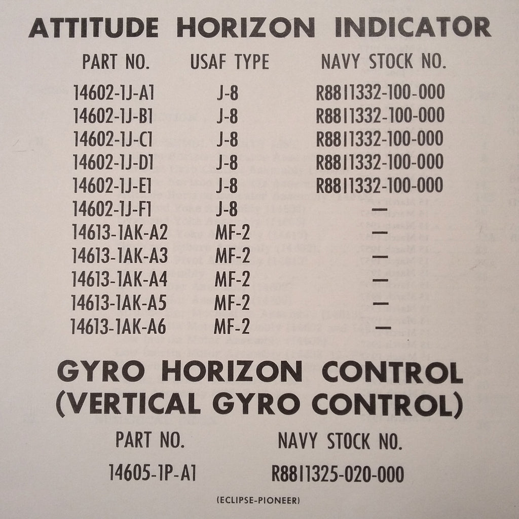 Pioneer J-8 ,  MF-2 Attitude Horizon Indicator & 14605 Vertical Gyro Parts Manual.  Circa 1955.