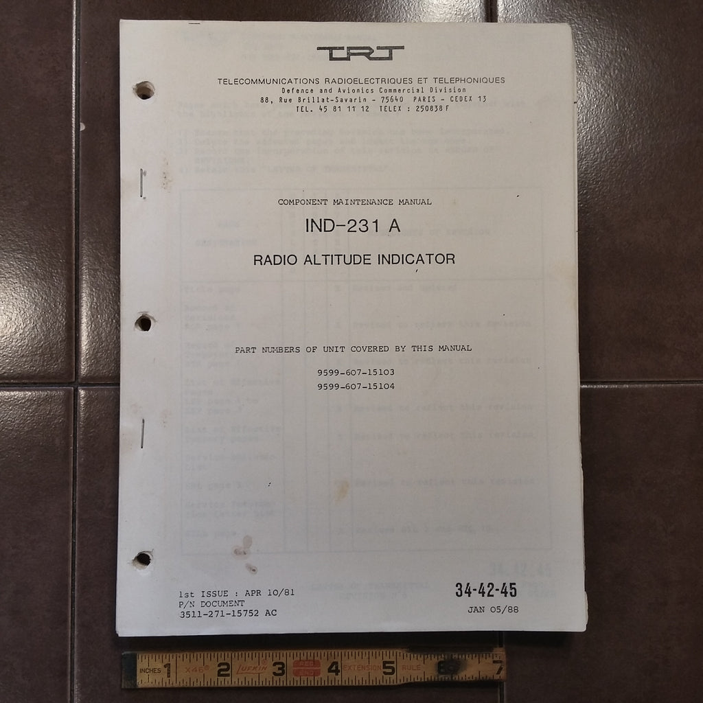 TRT IND-231A Radio Altitude Indicator Component Maintenance Manual.  Circa 1988.