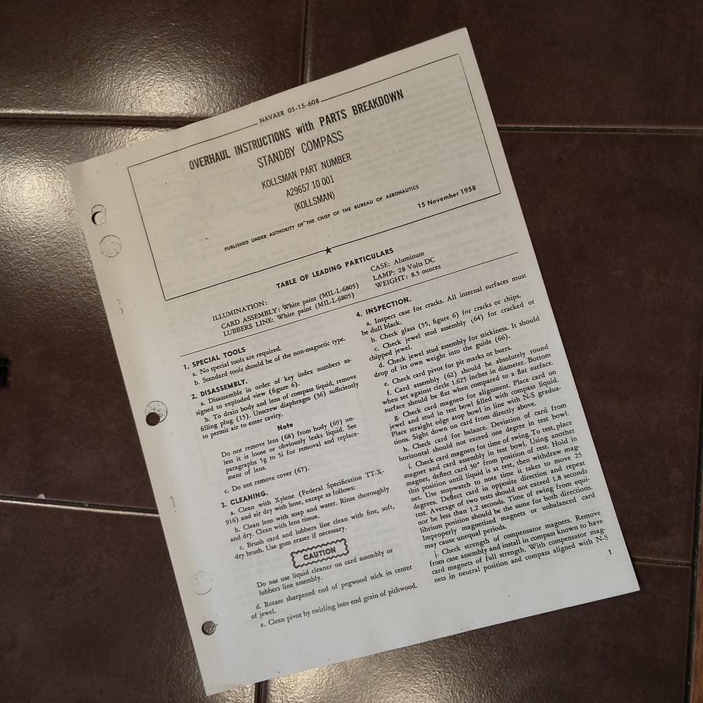 Kollsman Standby Compass A29657-10-001 Overhaul & Parts Instructions.