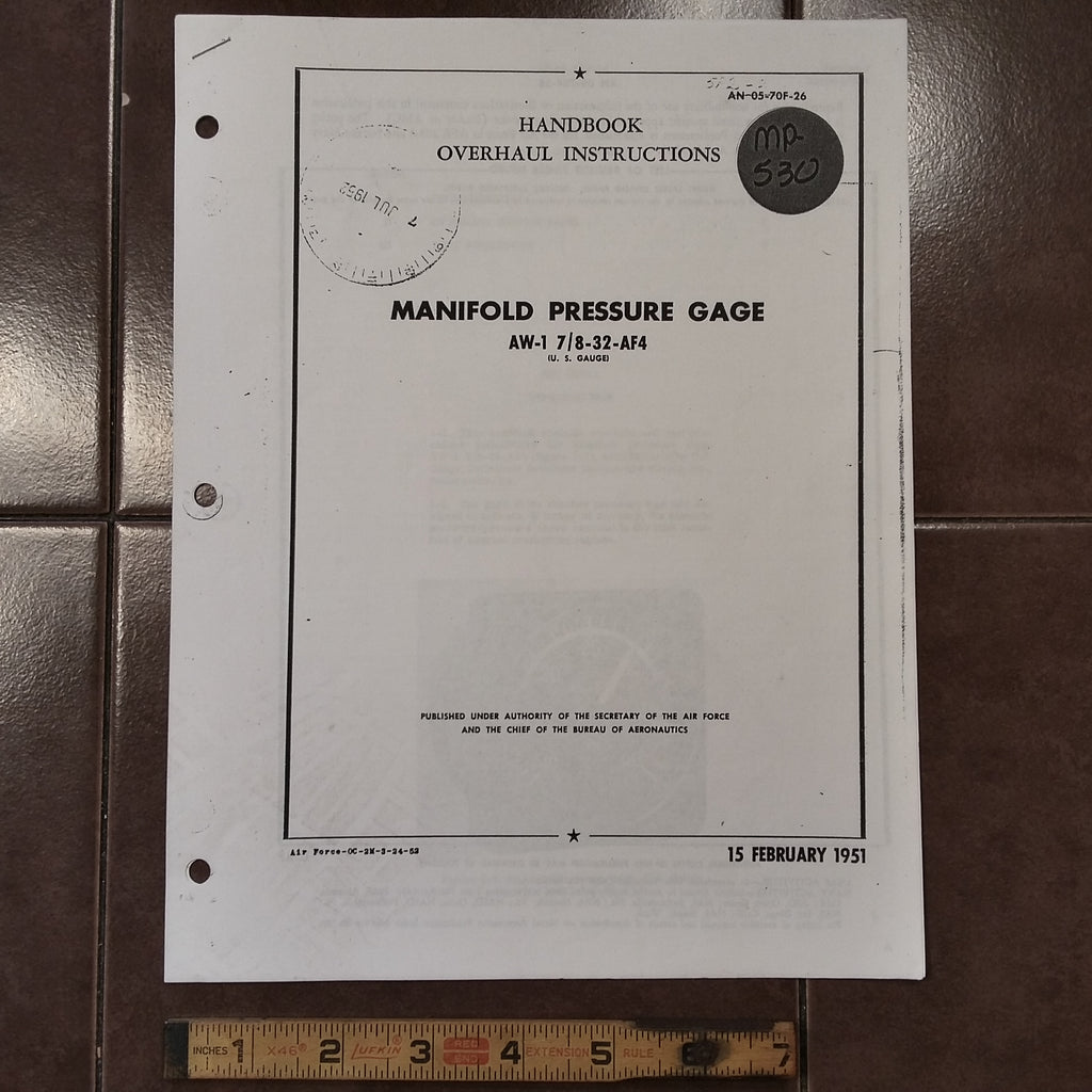 US Gauge Manifold Pressure Gage AW-1 7/8-32-AF4 Overhaul & Parts Manual.