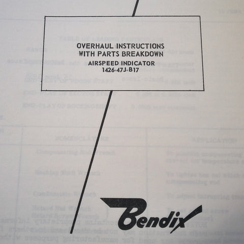Bendix Pioneer Airspeed Indicator 1426-47J-B17 Overhaul Parts Manual. Circa 1956.