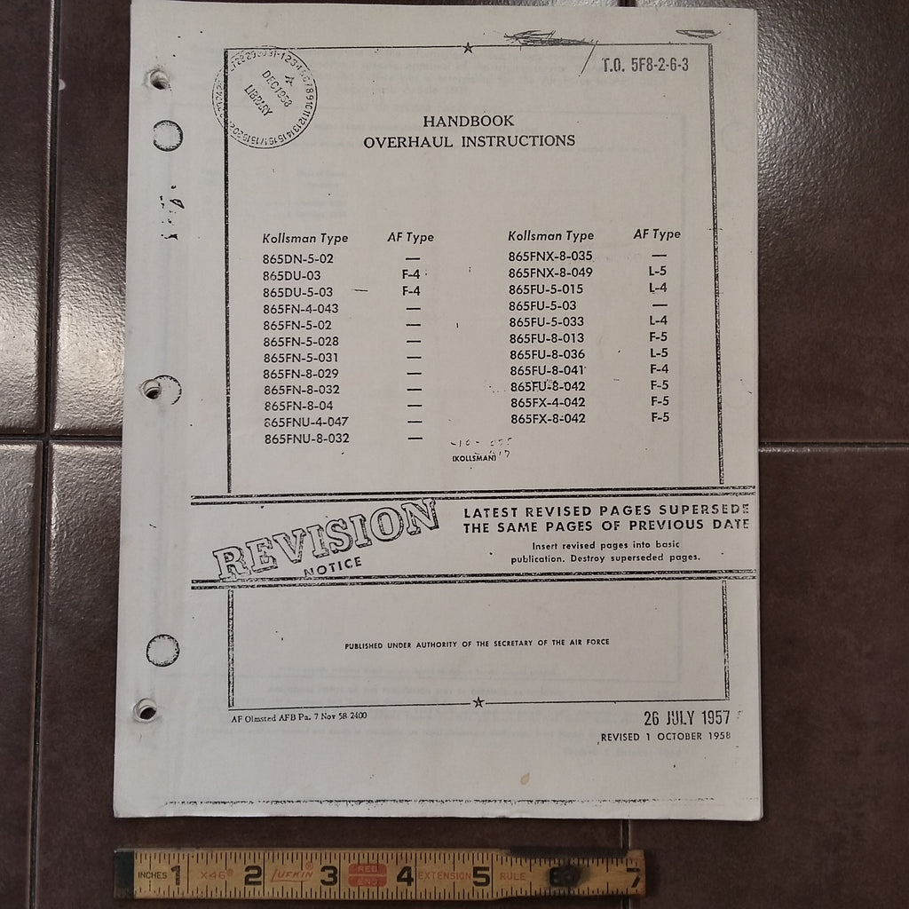 Kollsman Airspeed 865 Series, F-4, L-5, L-4 Overhaul Manual.