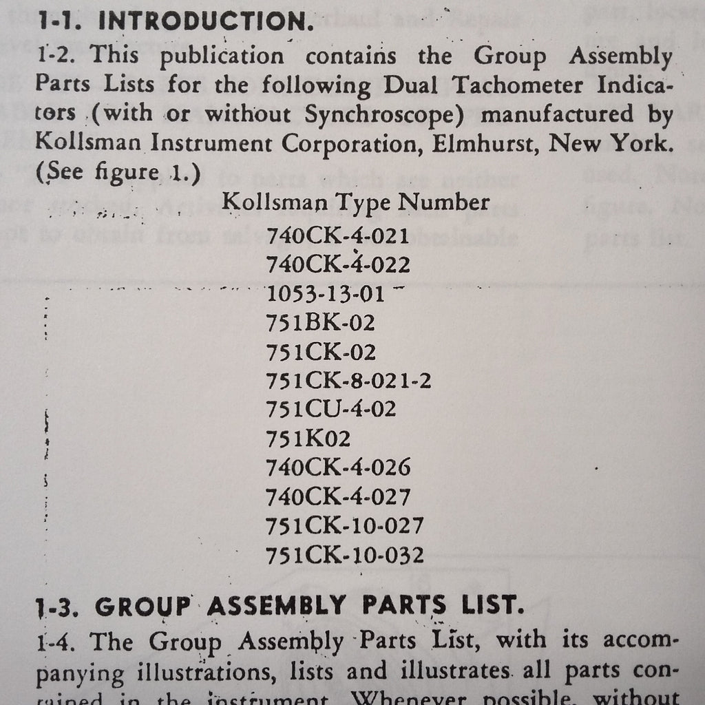 Kollsman Dual Tachometer Indicators Parts Manual