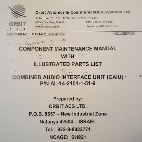 Orbit ACS Combined Audio Interface Unit AL-14-2101-1-51-9 Service Parts Manual.