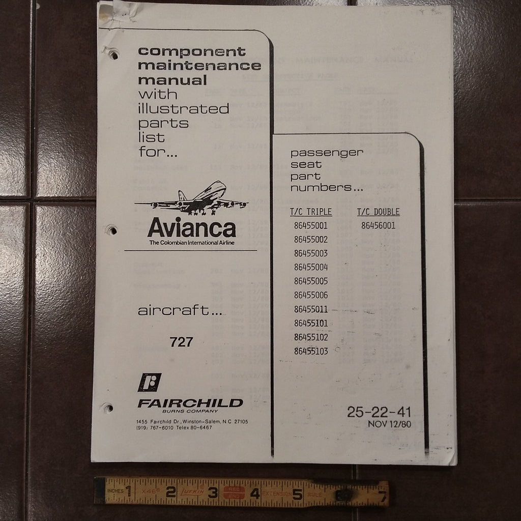 B-727 Fairchild Passenger Seat Component Maintenance- Parts Manual.