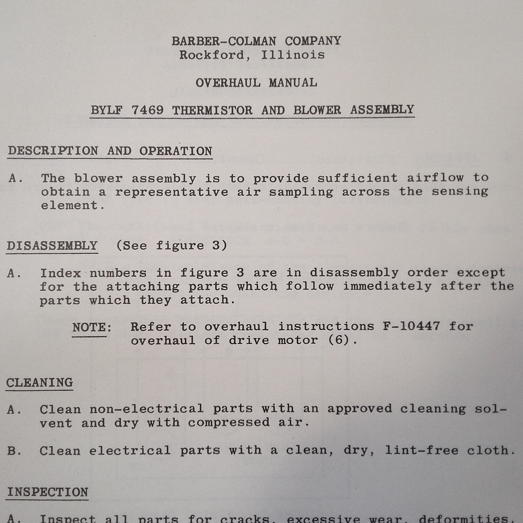 Barber-Colman BYLF 7469 Thermistor & Blower Overhaul Instructions Manual.  Circa 1968.