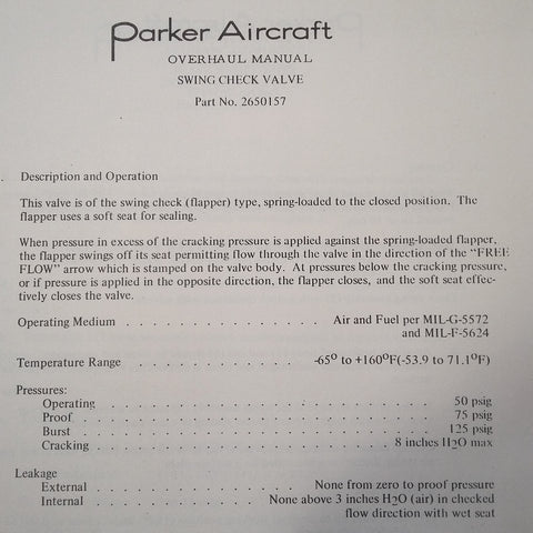 Parker Aircraft Swing Check Valve 2650157 Overhaul Manual.  Circa 1968.