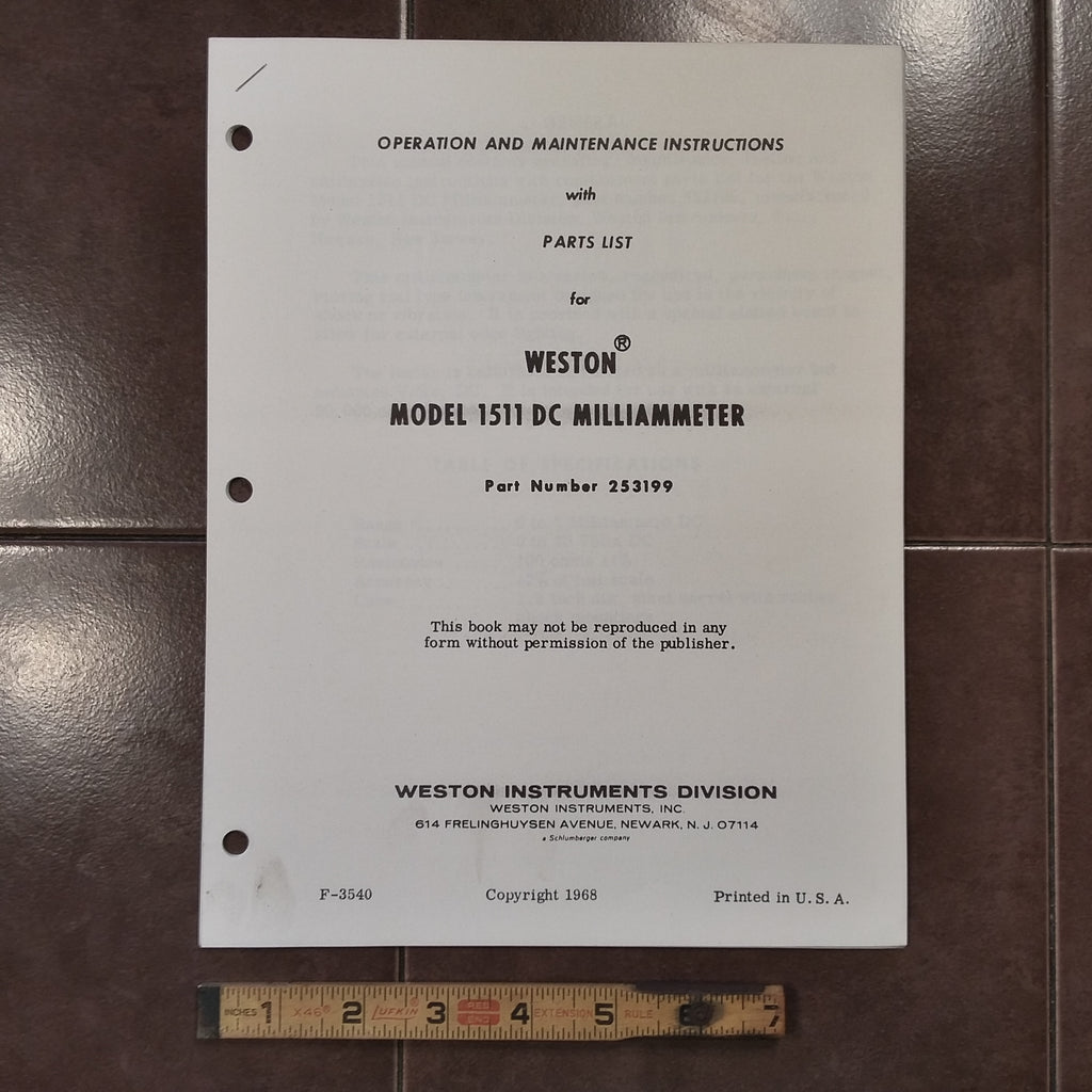 Weston 1511 DC Milliammeter Maintenance & Parts Manual.  for pn 253199