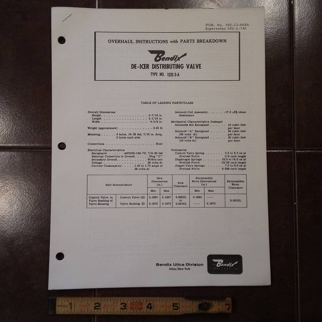 Bendix Utica De-Icer Distributing Valve 1532-3-A Overhaul & Parts Manual.