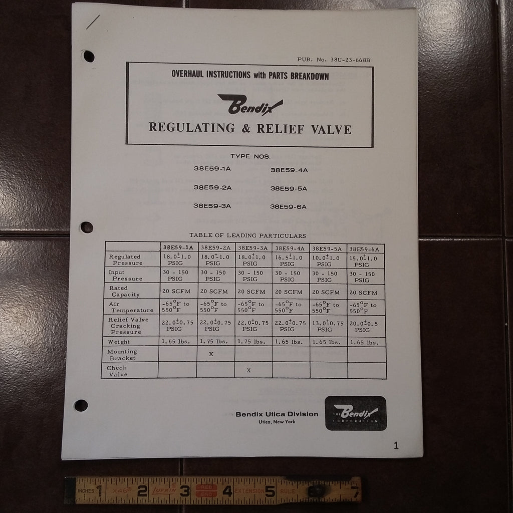 Bendix Regulating & Relief Valve 38E59 Series Overhaul & Parts Manual.