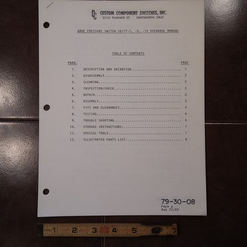 Custom Component Switches Gage Pressure Switch 1G177-7, 1G177-9 & 1G177-15 Overhaul Manual.  Circa 1969.