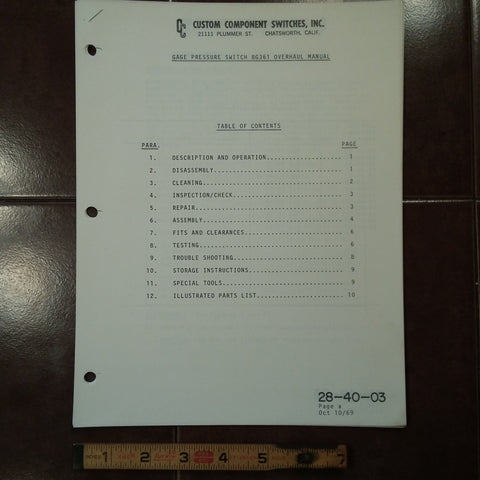 Custom Component Switches Gage Pressure Switch 8G361 Overhaul Manual.  Circa 1969.