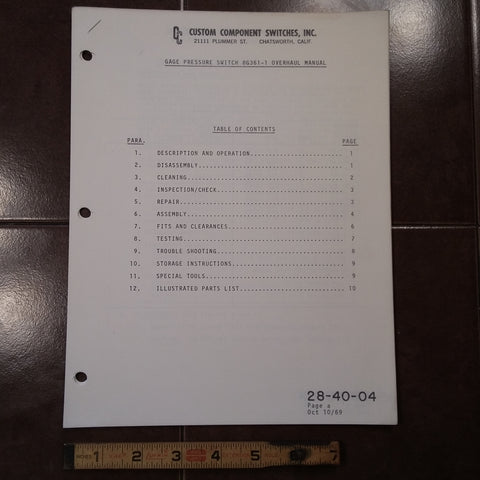 Custom Component Switches Gage Pressure Switch 8G361-1 Overhaul Manual. Circa 1969.