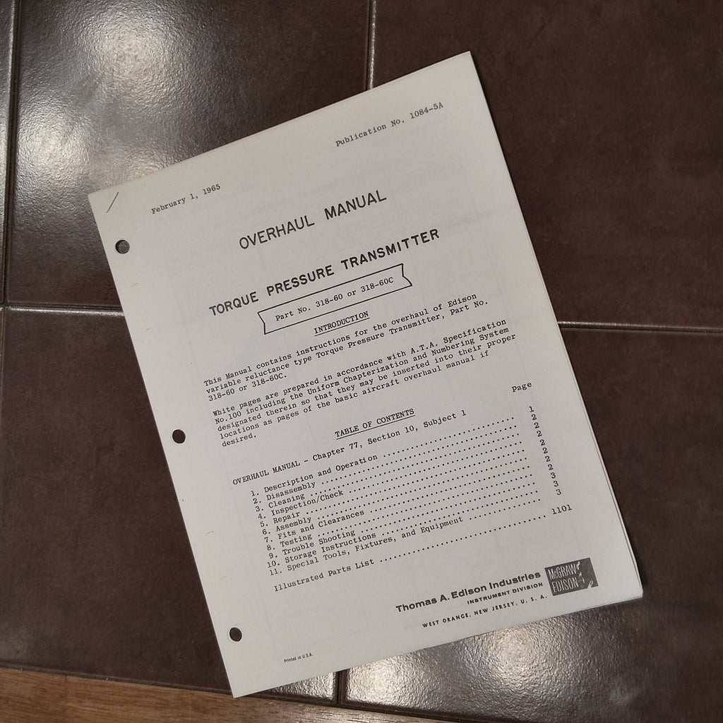 Edison Torque Pressure Transmitter 318-60 & 318-60C Overhaul Manual.