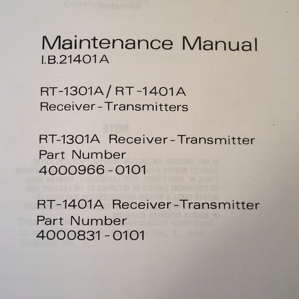 Bendix RT-1301A, RT-1401A Radar Service Manual.